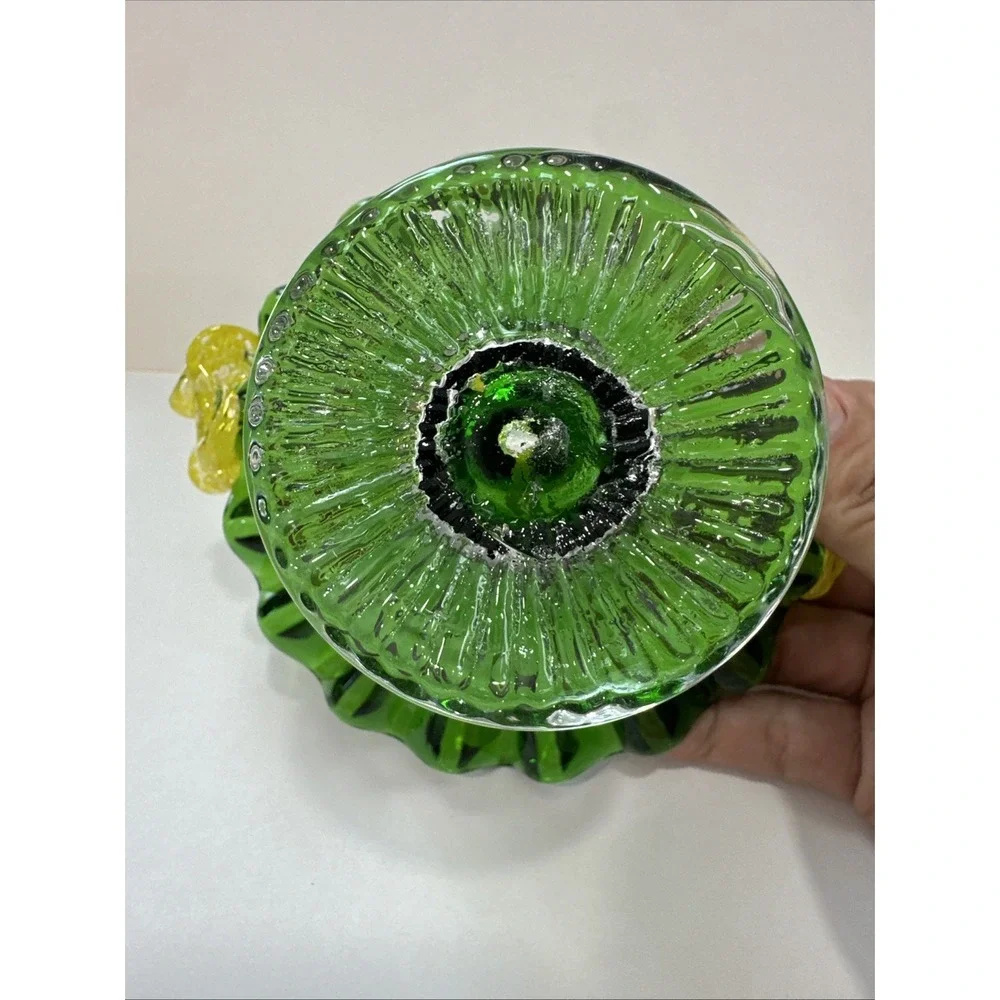 Vintage Hand Blown Art Glass Basket Emerald Green Confetti Ruffled Yellow 5.5
